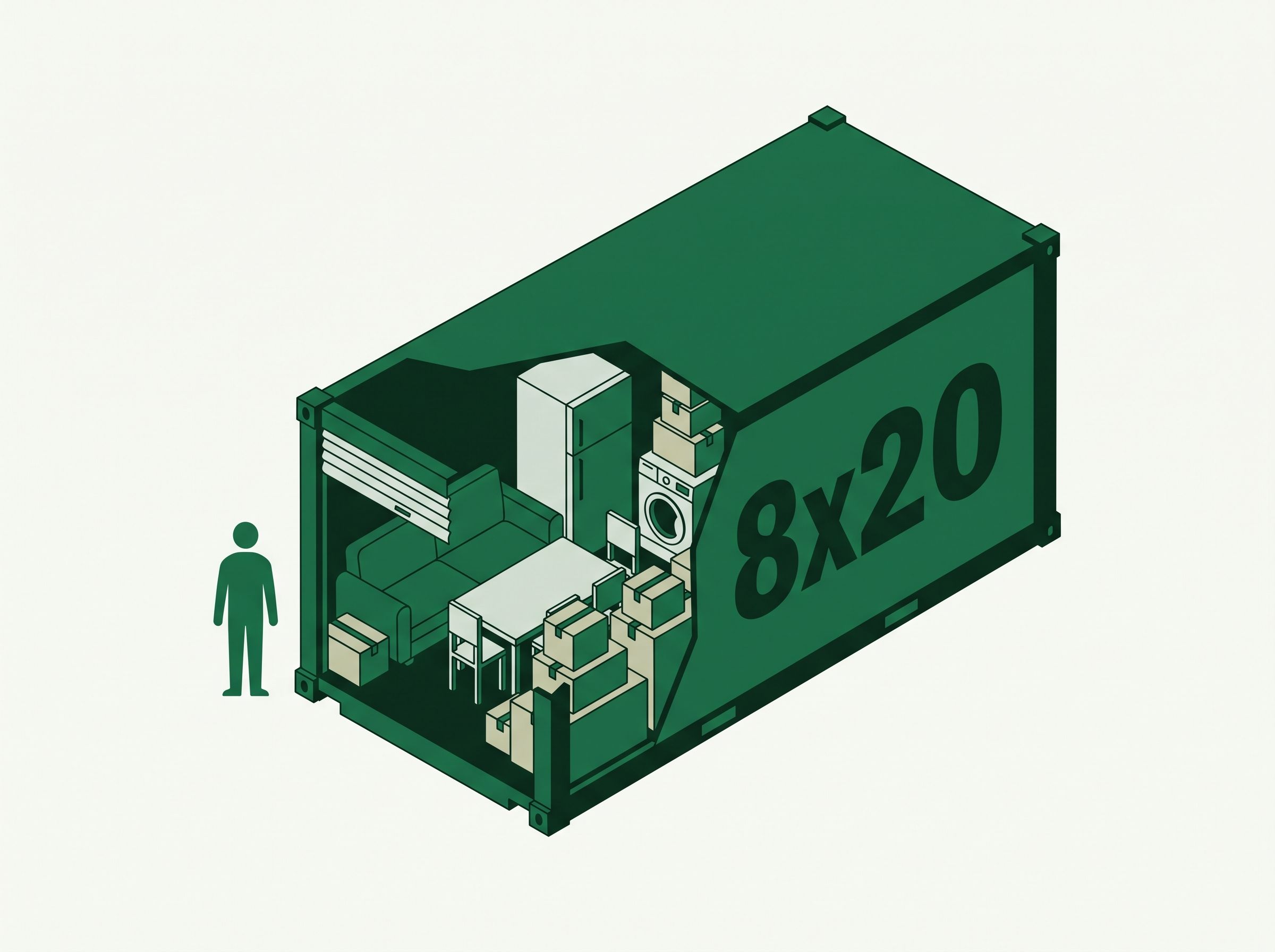 Ilustración de almacén 8x20 con capacidad aproximada