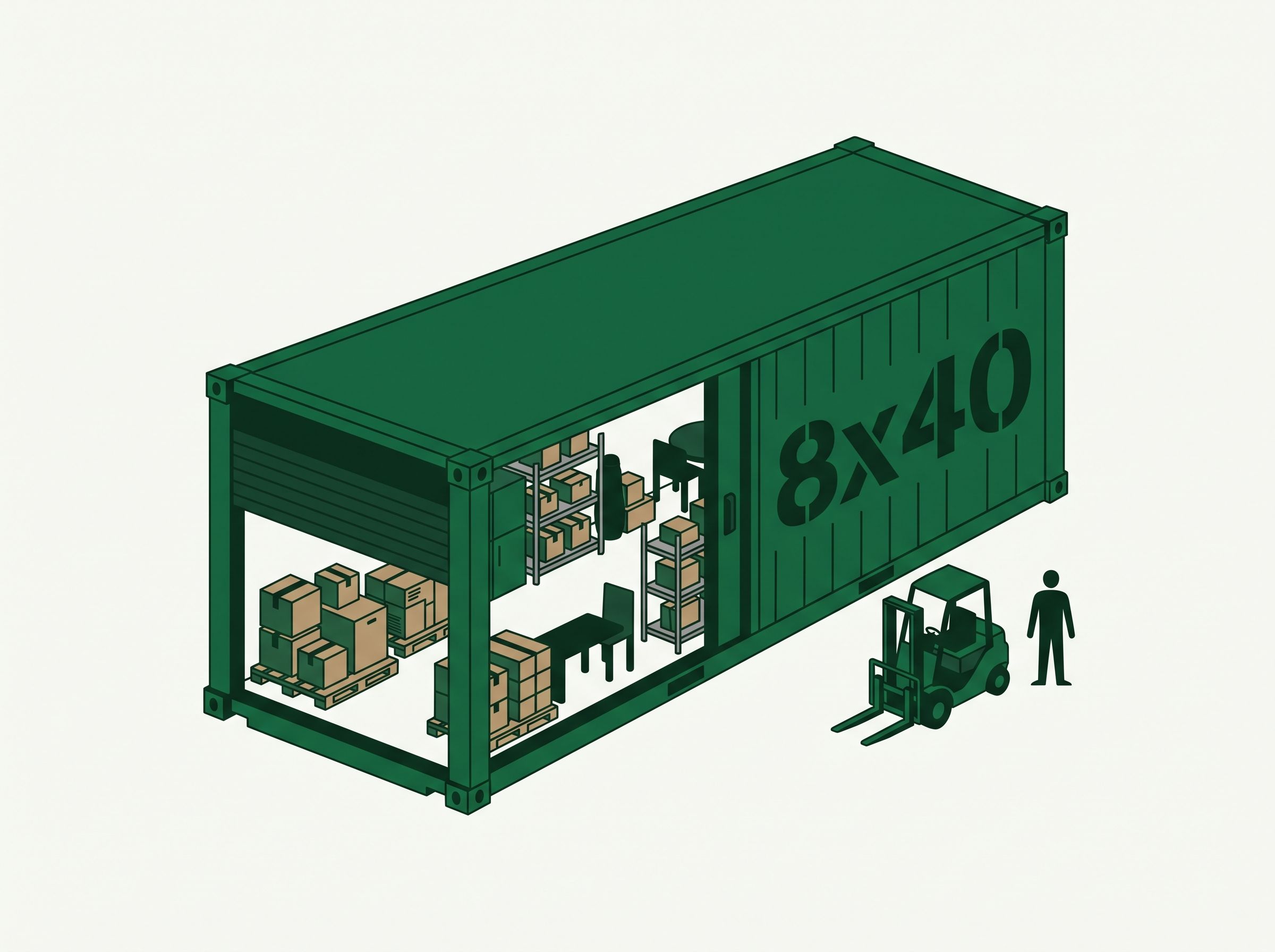 Ilustración de almacén 8x40 con capacidad aproximada